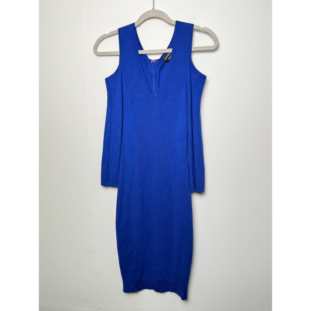 Bebe Blue Sweater Dress Cold Shoulder V Neck Ribbed Knit‎ Midi Dress Blue Size S